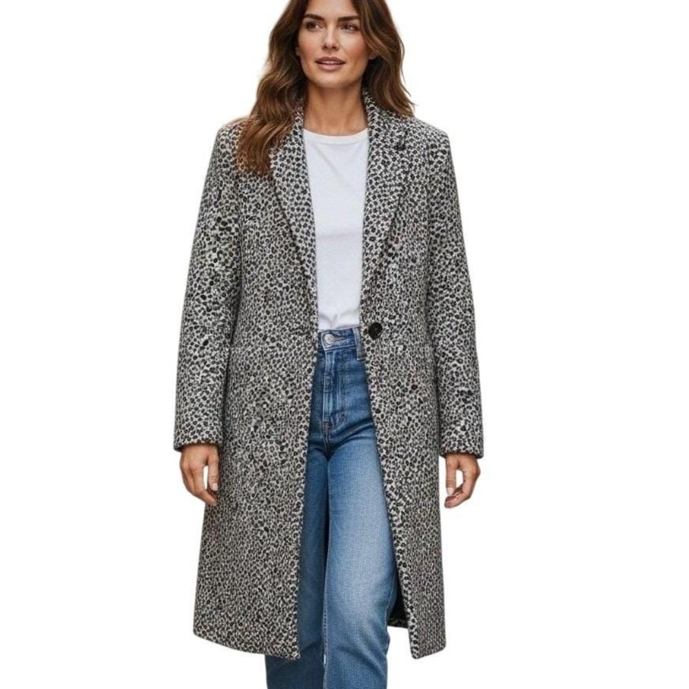 Maje Leopard Print Wool Blend Button Front Long Coat Women Size M
